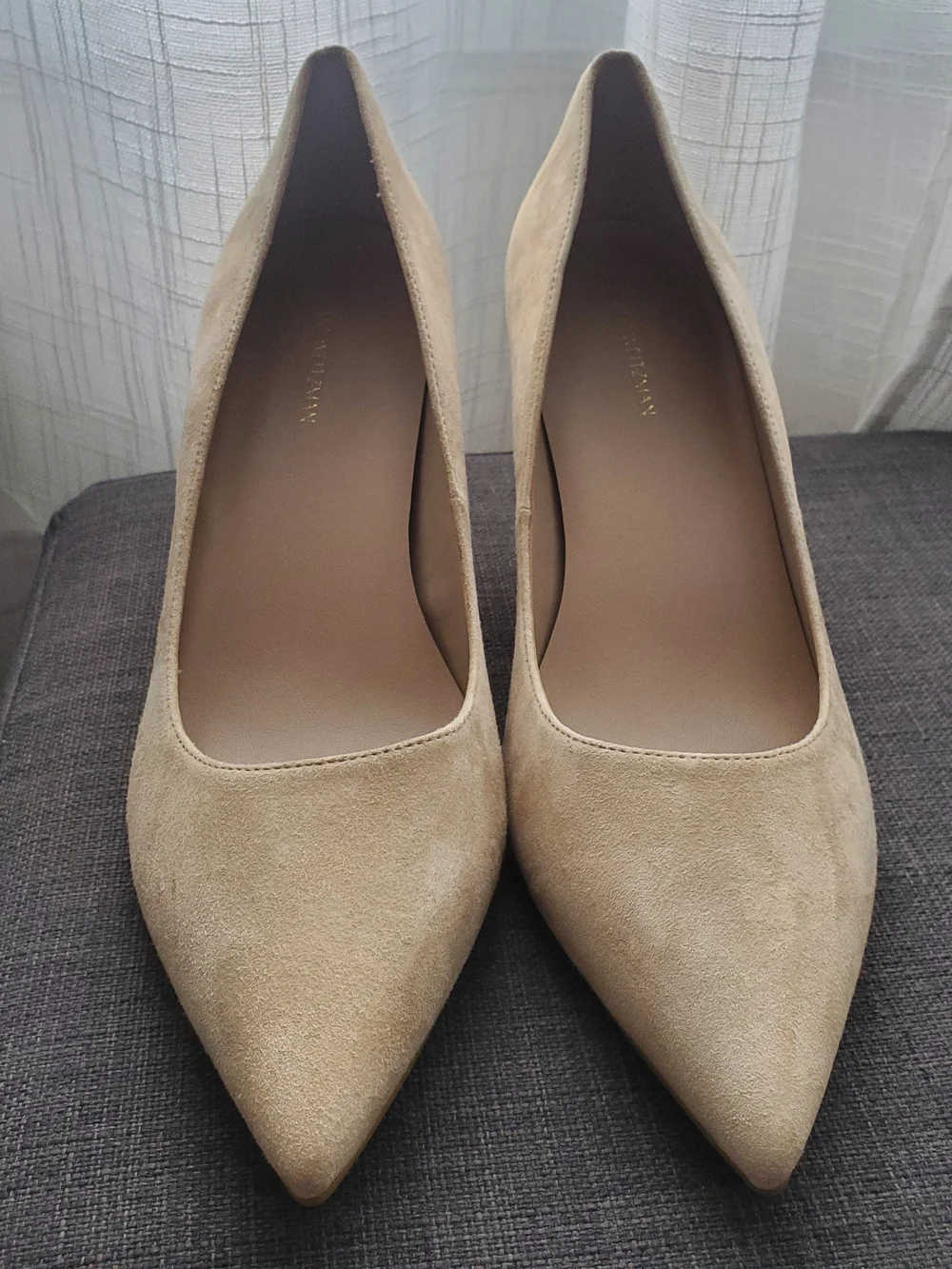 Stuart Weitzman Pointed-Toe Suede Pumps in Light Beige